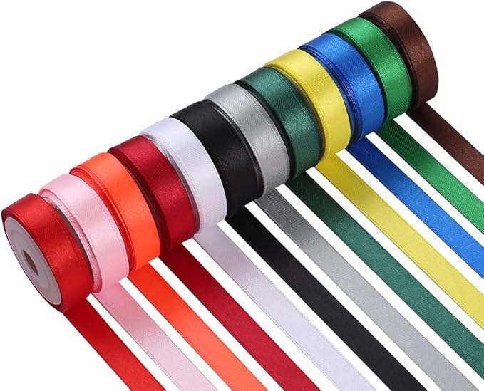 Solid Color Satin Ribbon 12 Colors 2/5" X 5 Yard Each Total 60 Yds, Ribbons Perfect for Crafts, Hair Bows, Gift Wrapping, Wedding Party Decoration and and More
