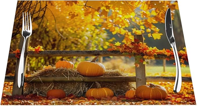 PVC Placemats Set of 1 Wipeable Table Mats Washable Heat Resistant Non Slip Vinyl Dining Table Mat for Kitchen Indoor Outdoor Patio Farmhouse Place Mats Autumn Pumpkin Maple Decorative