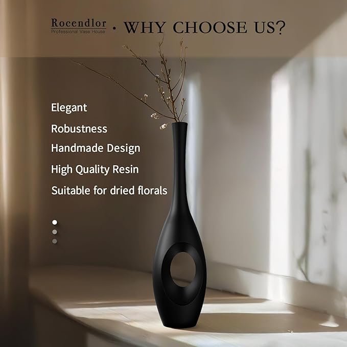 23.6" Black Floor Vase – Donut-Shaped Oval Body with Slim 3cm Neck, Modern Tall Decorative Vases for Living Room, Entryway, Office Decor – Resin Tall Floor Vase