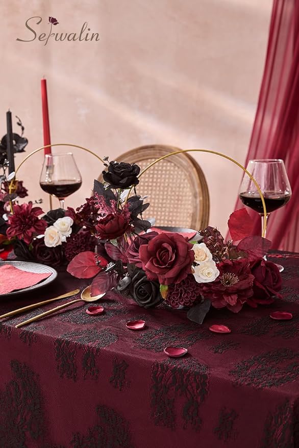 Serwalin Artificial Burgundy Black Flowers, Red Roses Silk Flowers for DIY Wedding Bridal Bouquets, Fake Halloween Black Flowers for Table Centerpieces Baby Shower Birthday Party Home Decorations