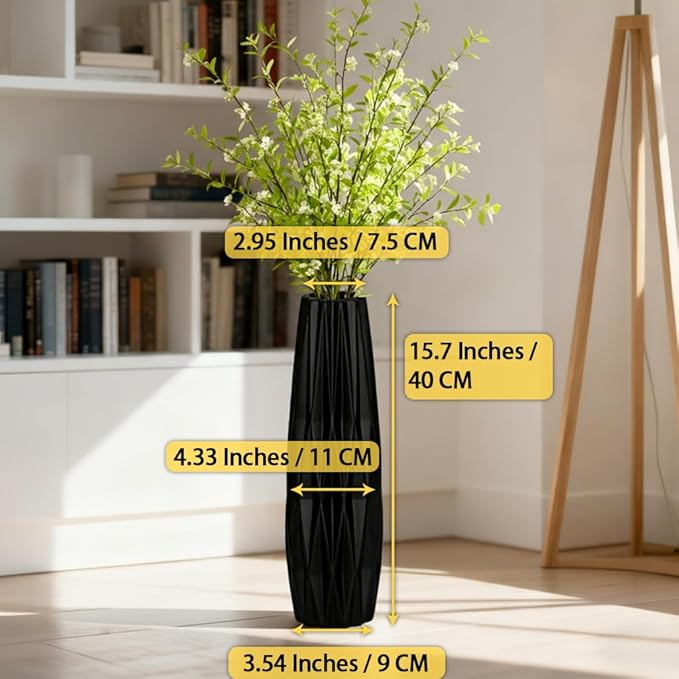 Tall Black Floor Vase – 15.7" Twisted Geometric Ceramic Vase for Modern Home, Living Room, Table Centerpiece or Corner Decoration