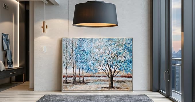 Yihui Arts Blue Tree Canvas Wall Art - Hand Painted Textured Abstract Forest Landscape Modern Artwork with Gold Foil Framed for Living Room, Bedroom, and Bathroom Decor