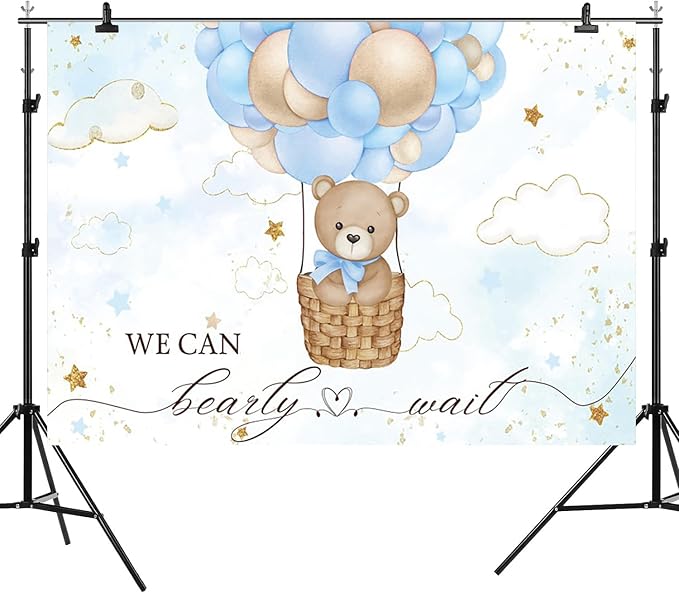 15x8ft Baby Shower Backdrop Bear Hot Air Balloon Photography Background Blue Brown Balloons White Cloud Glitter Gold Stars Birthday Party Banner Decorations Newborn Parties Photo Booth Prop