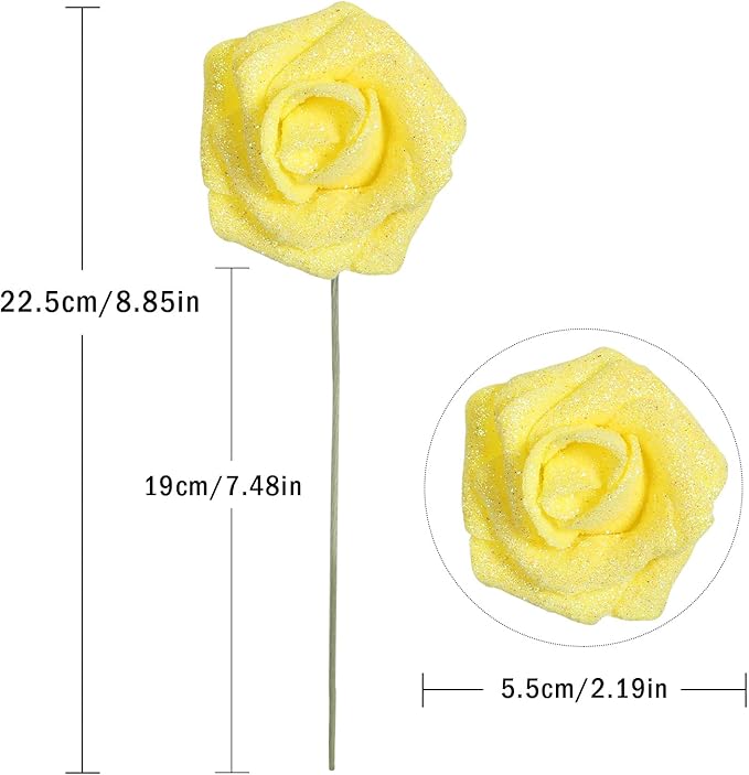 IPOPU Artificial Glitter Roses,25pcs Yellow Roses Glitter Flowers Fake Rose with Stem for DIY Wedding Bridal Bouquet Home Party Decoration(Yellow)