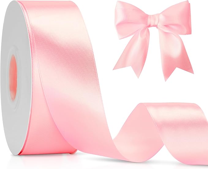 KINGLAKE Pink Satin Ribbon 1 1/2inch x 50 Yards - Polyester Silk Hair Ribbons, Fabric Pink Ribbon for Gift Wrapping, Floral Bouquets, Craft Bow, Wedding Christmas Valentines Day