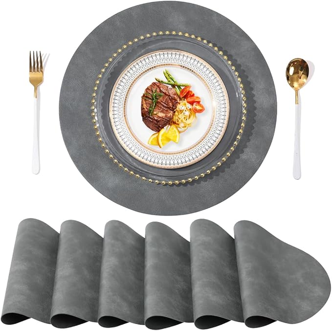 UnivoColors PU Leather Placemats Set of 6,15 Inches Round Washed Cowhide Pattern Table Mats for Dining Table, Kitchen, Party Decoration(Retro Grey)