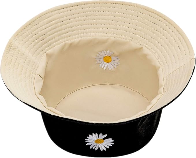 Flower Reversible Bucket Hat Cotton Summer Travel Beach Sun Hats Emboridery for Women Men