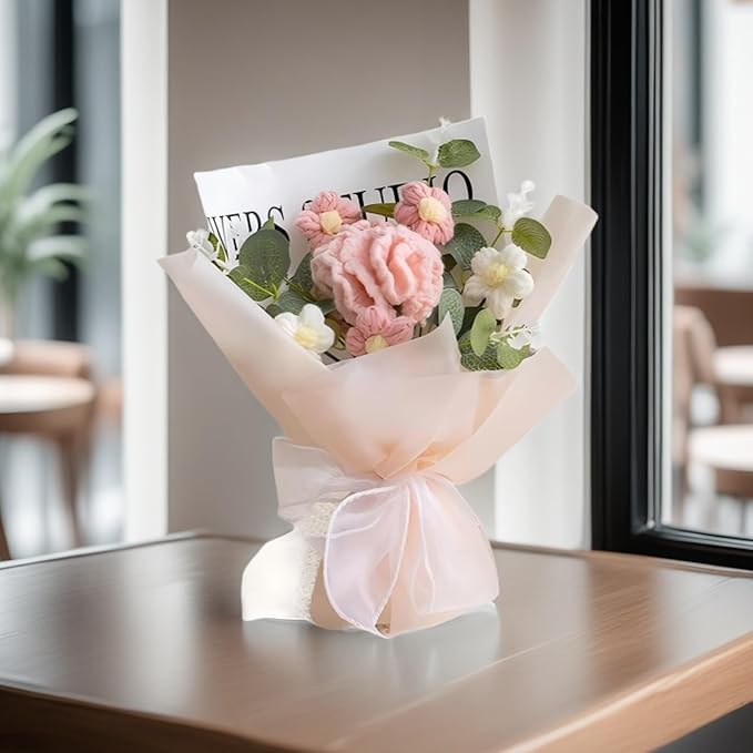 Crochet Flowers Bouquet,Handmade Carnation Flowers Knitted Artificial Crochet Flowers Present for Mother's Day Valentine's Day Birthday Home Decor(Medium-Pink Carnation)
