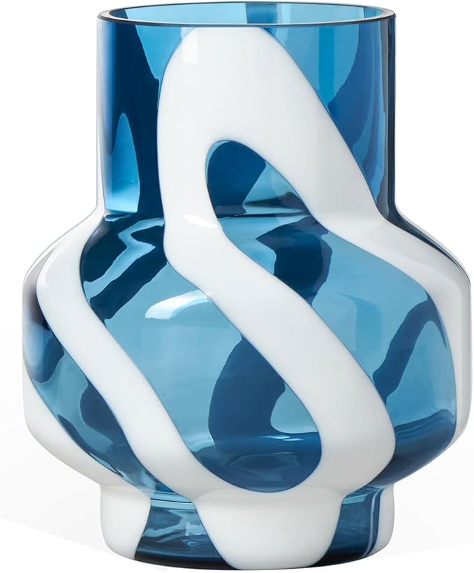 Torre & Tagus 8" White Striped Blue Vase for Flowers - Hand Blown Blue & White Art Glass Vase Modern Home Decor, Large Table Centerpiece for Living Room Consoles, Dining Tables, Modern Art Displays