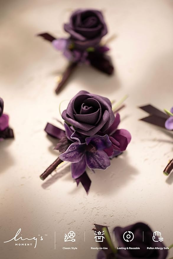 Ling's moment Boutonniere for Men, 6pcs Groom Groomsmen Boutonniere, Artificial Flowers for Wedding Decor/Prom/Homecoming, etc.Deep Purple