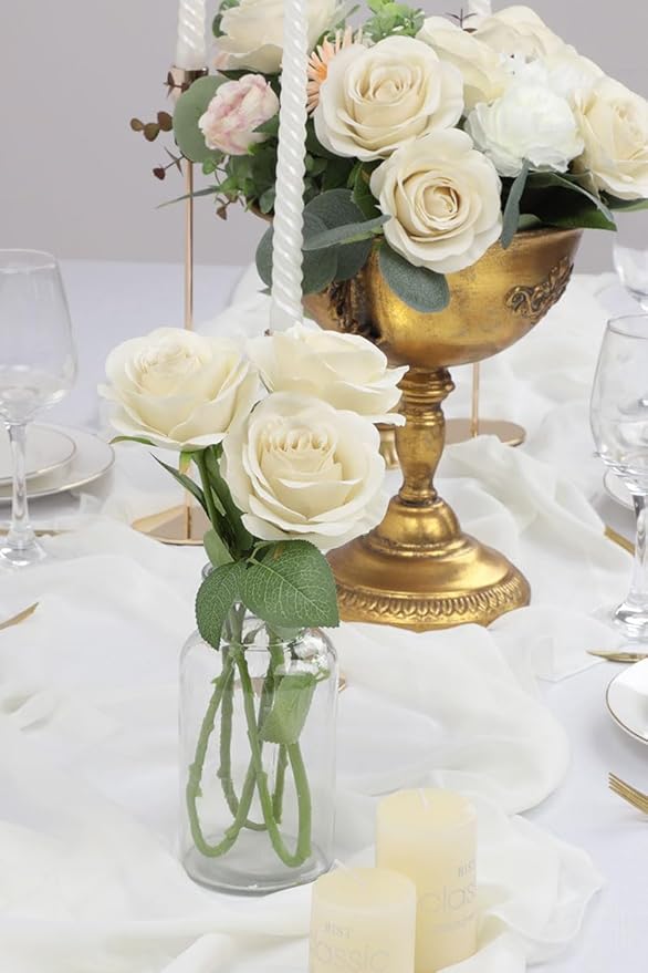 30pcs Roses Artificial Flowers Beige Silk Roses with Long Stems Fake Flowers for Wedding Bouquet Centerpices Decorations Party Bridal Baby Shower Home Decor