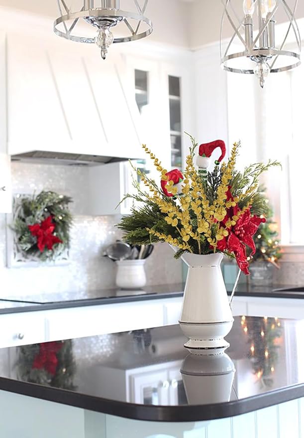Oairse 8 Pcs Christmas Tree Picks and Sprays Gold Glitter Christmas Picks 25.6" Christmas Glitter Eucalyptus Leaves Stems for Christmas Tree Filler Branches Wreaths Centerpieces Holiday Decorations