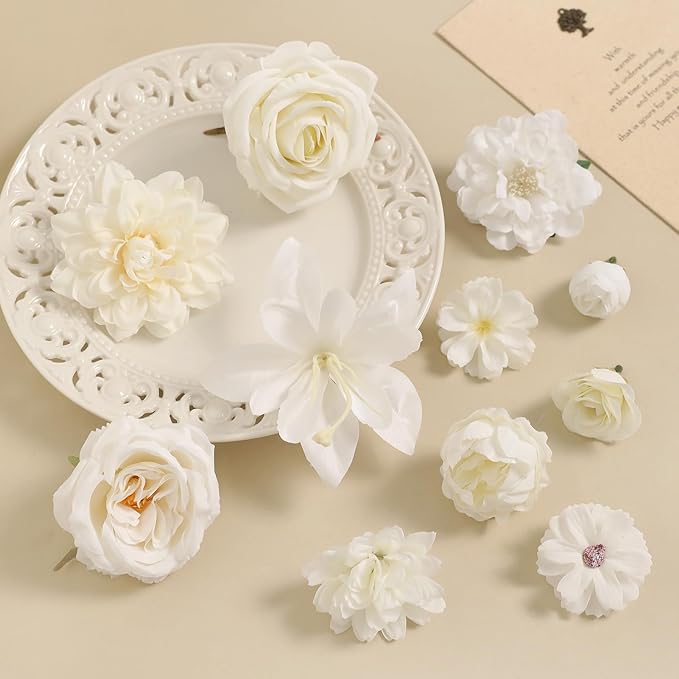Fake Flower Heads for Crafts - White Silk Artificial Roses, Peonies, Daisies & Mini Floral Heads Bulk (48-Pack) for Wedding Decor, Graduation Cap, Cake Topper, Baby Shower, Home Decoration