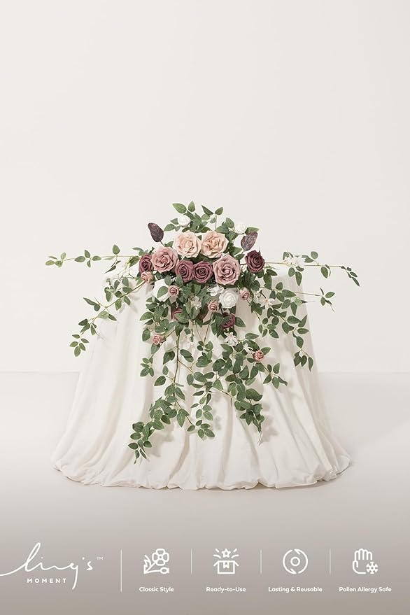 Ling's moment 2PCS Artificial Floral Swags Centerpieces Wedding Flower Rose Garland Greenery Arrangements for Sweetheart/Head Table Decor Wedding Car Wall Arch Garden Decor | Dusty Rose & Mauve