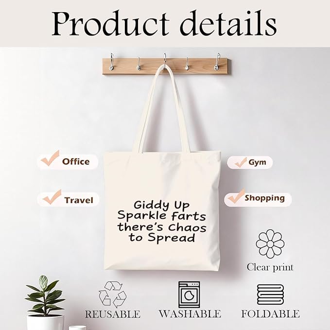Funny Canvas Tote Bag, Cute Humor Gift for Women Friends, Reusable Shopping Grocery Bag for Work Beach Gym