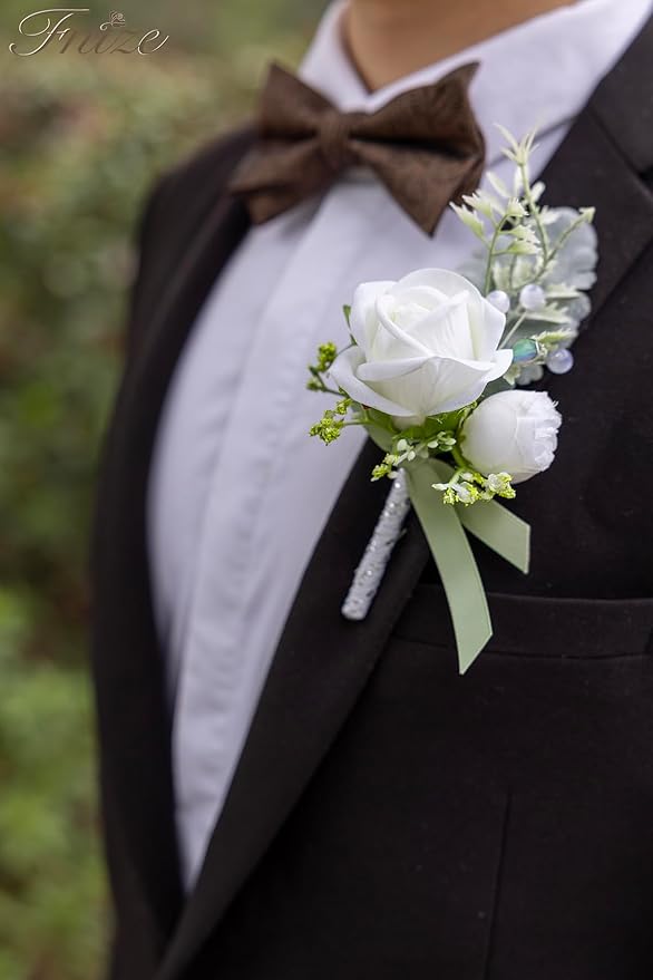 Fnize White Boutonniere for Men, 6 Pcs Groom Groomsmen Boutonnieres, Artificial Flowers for Wedding Prom Homecoming