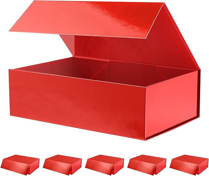 6 Christmas Large Gift Boxes with Lids 13.5x9x4.1 Inches, Red Bridesmaid Proposal Gift Box with Magnetic Closure for All Occasion (Glossy Red)