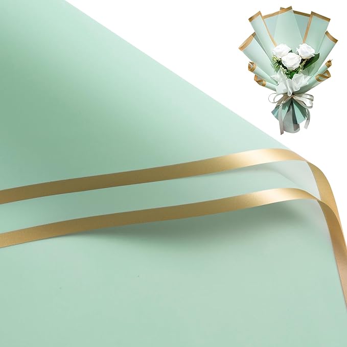 WRAPAHOLIC 20 Sheets Flower Wrapping Paper - 22.4 x 22.4 inch Gold Trim Light Green Water-Resistant Floral Bouquet Wrapping Paper, Florist Supplies Packaging Paper for Wedding Birthday Gift DIY