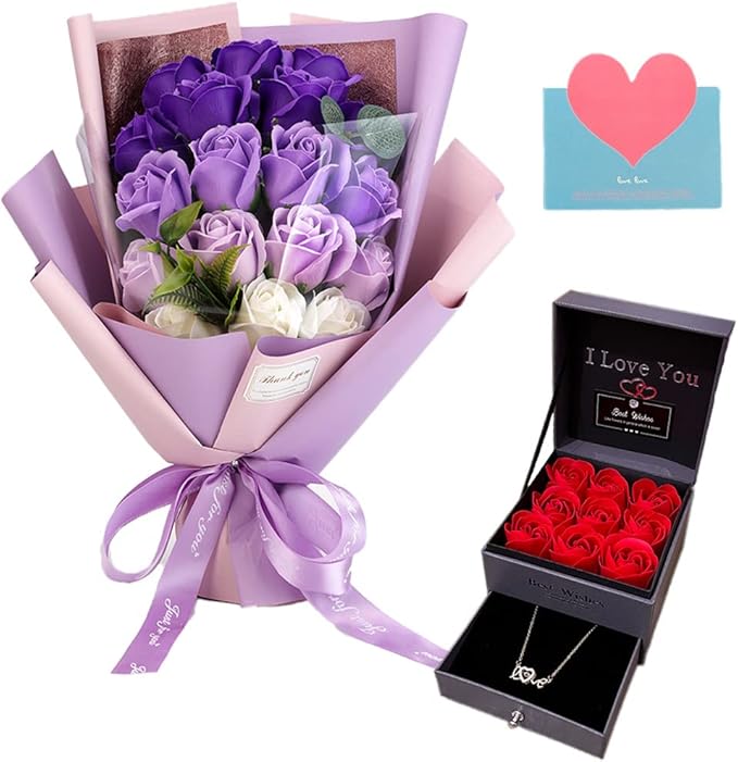 EIGHTOWN Roses Bouquet Fake Artificial Flower - Preserved Red Flowers with Love Necklace for Her - Unique Gifts Valentine's Day, Mother's Day, Thanksgiving, Birthday, Anniversary