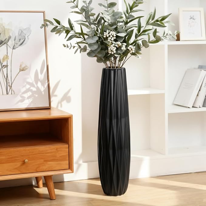 Black Ceramic Tall Floor Vase – 28" Modern Minimalist Decorative Large Vase for Living Room Corner, Entryway, or Office Home Decor