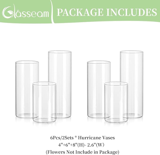 Glasseam Clear Glass Cylinder Vase, 6pcs Glass Vases for Centerpieces, Modern Floating Candle Vases for Flowers, Hurricane Vase Decor Candle Holders for Pillar Candles Wedding Decorations (4"/6"/8")