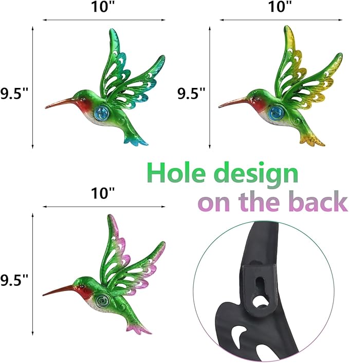 Metal Hummingbird Wall Decor, Wall Art Christmas Sculpture for Patio Fence, Set of 3, 9 Inch, Christmas Indoor Outdoor Gift for Family