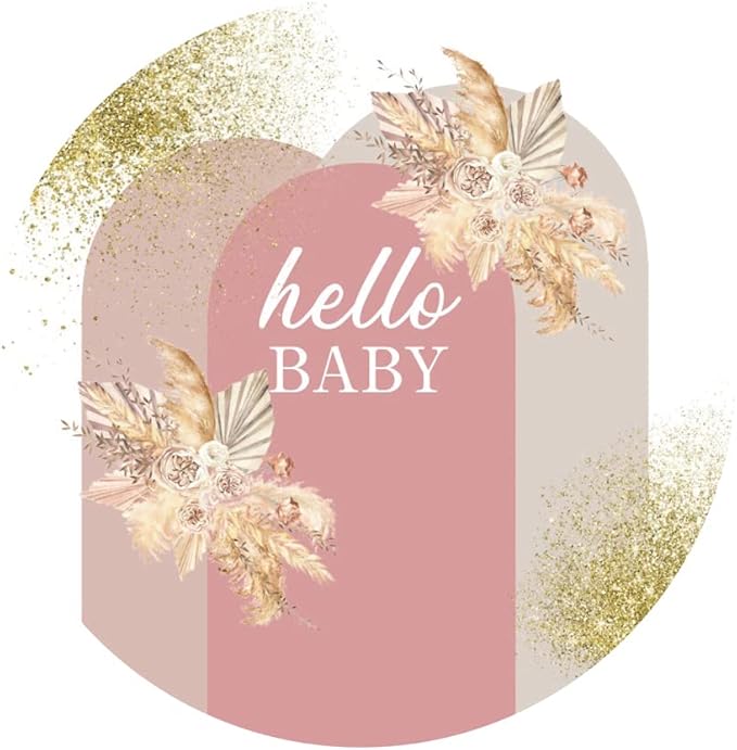 AOFOTO 6x6ft Boho Baby Shower Round Backdrop Cover Bohemian Chic Pink Arch Cover with Flowers Hello Baby Theme Photography Background Newborn Birthday Party Decorations Banner Photo Booth Props