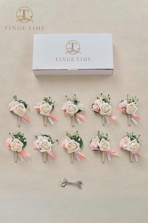 TINGE TIME Boutonniere for Men Wedding,Groom and Best Man Boutonniere for Wedding Ceremony Anniversary, Formal Dinner Party and Rustic Spring Wedding Marriage (10, Champange&Pink)