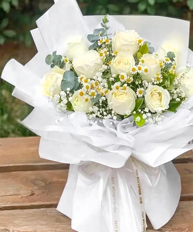 WRAPAHOLIC 20 Sheets Flower Wrapping Paper - 22.4 x 22.4 inch Pure White Water-Resistant Floral Bouquet Wrapping Paper, Florist Supplies Packaging for Wedding Birthday Gift DIY