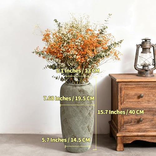 15.7 Inch Rustic Ceramic Tall Floor Vase, Slim Tapered Rustic Farmhouse Vase for Dried Stems & Pampas, Neutral Beige Decorative Vase for Living Room