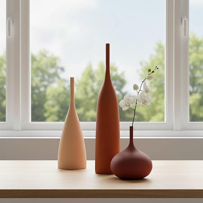 Ceramic Vases Set of 3, Modern Boho Vases for Centerpiece Decor, Matte Minimalist Decorative Vases for Home Decor, Living Room, Bookshelf, and Entryway Table Decor (Multicolor-1)