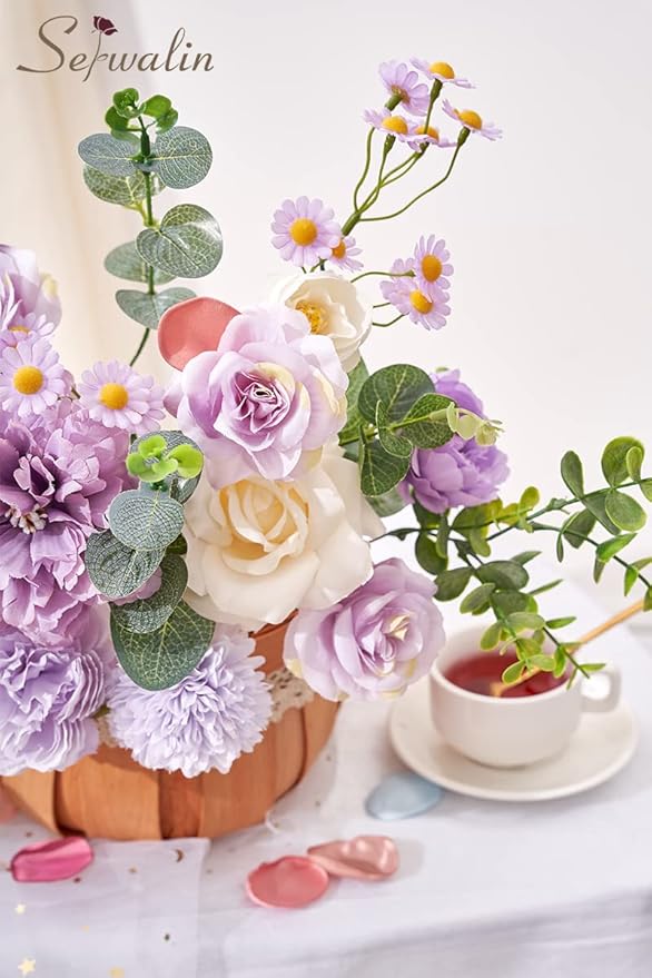 Serwalin Artificial Flowers Silk Flowers Wedding Cake Flowers Purple Fake Flowers Box Set for DIY Wedding Bouquets Table Centerpieces Arrangements Baby Shower Home Decor