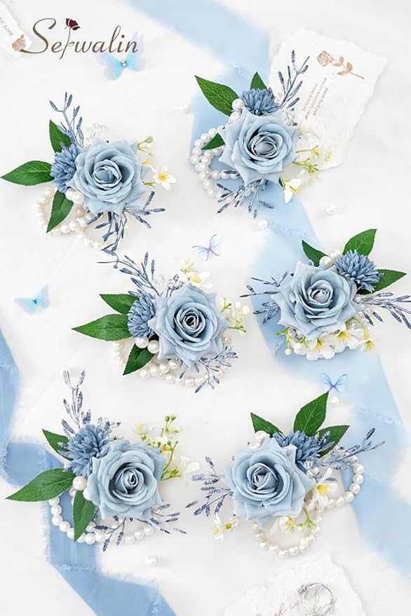 Serwalin 6 PCS Wrist Corsages for Wedding, Girl/Mother Bride Bridesmaids Corsages Wristlet Decor for Prom Wedding Anniversary Homecoming (Blue & Dusty Blue)