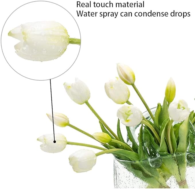 40pcs Artificial Tulips Flowers, Real Touch Latex Bouquet, Fake Tulips for Office Wedding Party Home Kitchen Garden Decoration(White Suit 40pcs)