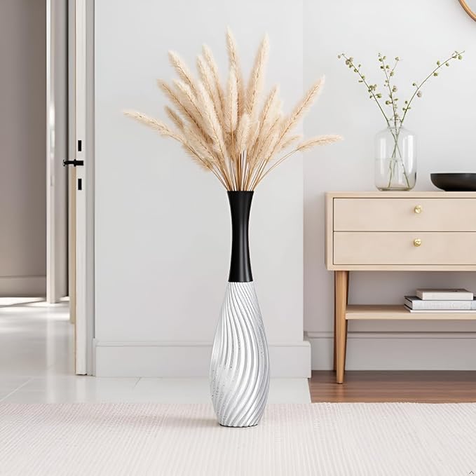 23.6" Silver Tall Vases - Black Neck Teardrop Tall Floor Vase with Textured Vertical Lines & Speckled Finish, Modern Decorative Floor Vase for Living Room, Office, Wedding Decor - Resin