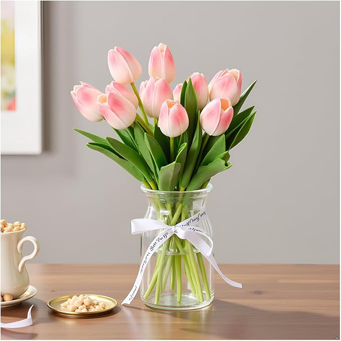 18pcs Artificial Tulips 13" PU Artificial Flowers for Family Friends Gifts DIY Flower Arrangement Home Kitchen Office Party Wedding Dining Table Decoration, Light Pink