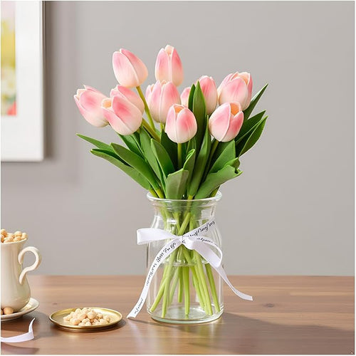 18pcs Artificial Tulips 13" PU Artificial Flowers for Family Friends Gifts DIY Flower Arrangement Home Kitchen Office Party Wedding Dining Table Decoration, Light Pink