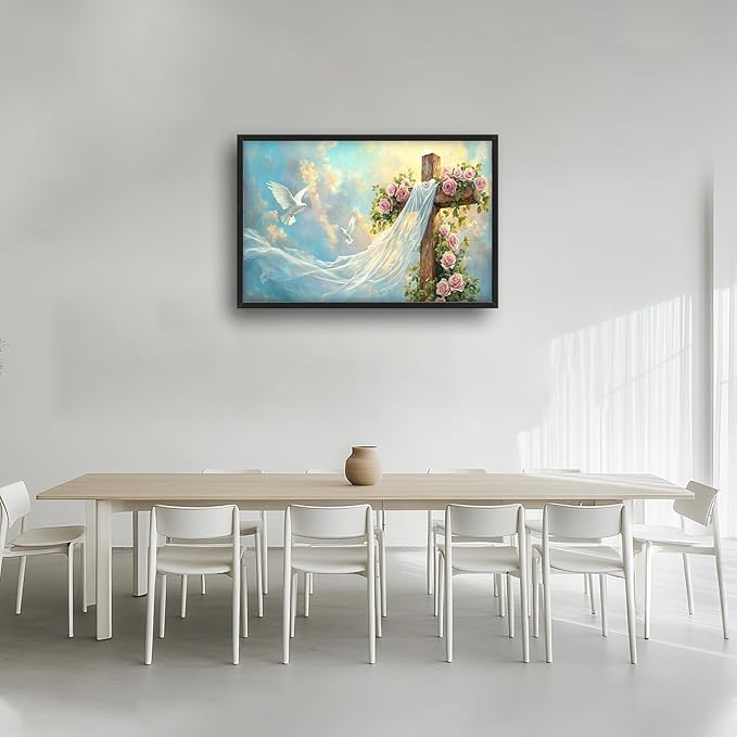 Christian Cross Large Wall Art Religious Faith Hope Pictures Wall Decor Dove Flowers Heaven Canvas Painting Prints Framed Artwork Home Church Decorations for Prayer Bedroom Living Room 36"x24"