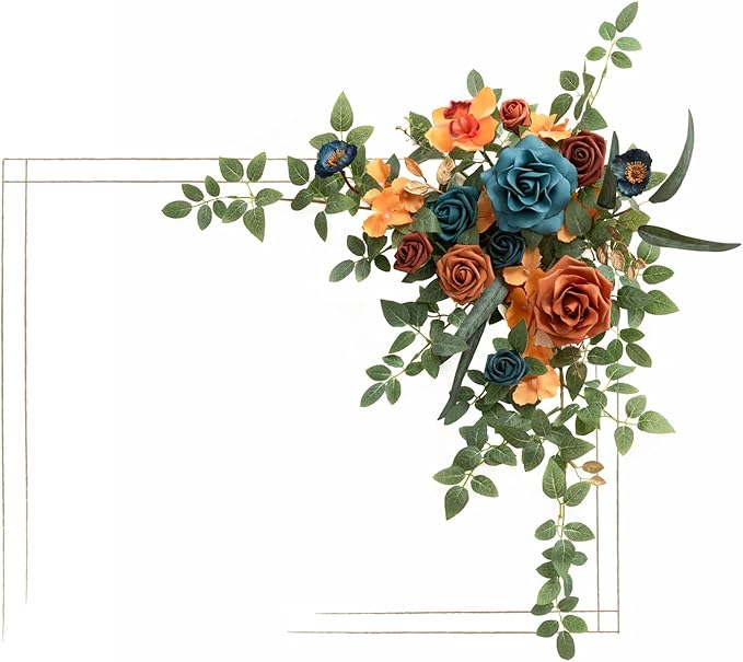 Ling's Moment Wedding Artificial Welcome Sign Flowers Swag Arch Floral Garland Decorations Teal Orange for Ceremony Reception Entrance Entryway Party Banquets Easel Wall Home Outdoor(NOT Include Sign)