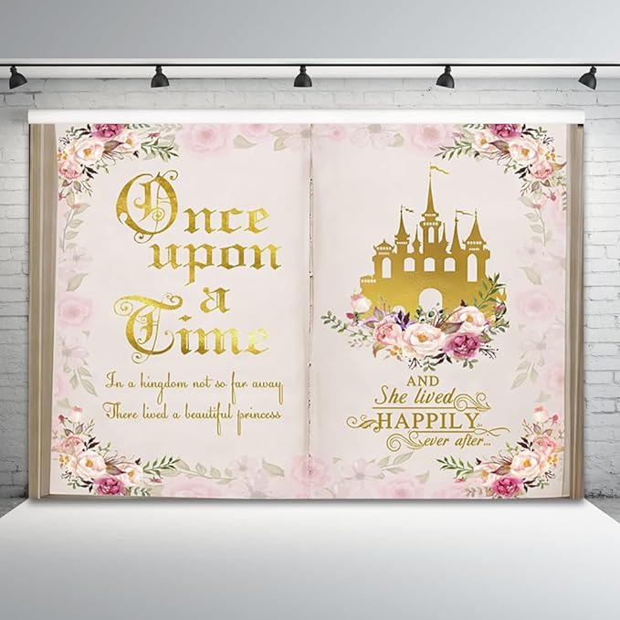 15x10ft Once Upon a Time Backdrop Fairy Tale Books Pink Floral Princess Castle Photography Background Romantic Wedding Birthday Party Banner Decorations Cake Table Decor