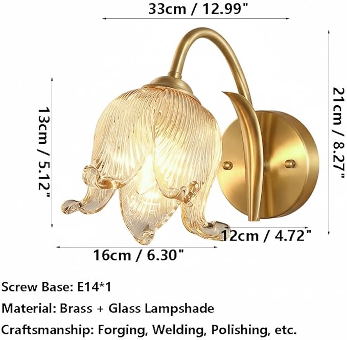 Luxury Floral Brass Wall Sconce Lighting, Modern Lily Flower Art Glass Shade Light Fixture, Brushed Gold Finish Copper Accent Lamp Wall Light for Bedroom, Living Room, Dining Room Decor