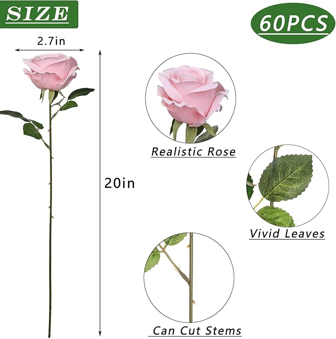 YXZZWL 60 Pcs Artificial Roses in Bulk, Fake Silk Roses Realistic Roses Stem Faux Roses Bouquet for Wedding Centerpieces Flower Arrangement Home Decor (Pink)