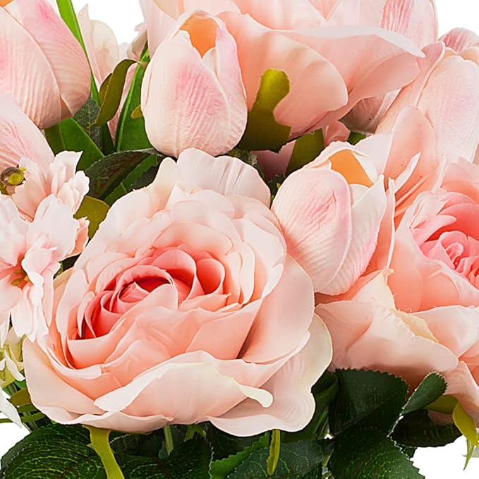 ENOVA FLORAL Pink Tulip Artificial Real Touch Flowers in Vase, Mixed Fake Tulips Fake Flowers and Silk Rose Artificial Flowers with Vase for Dining Table Decoration (Pink)