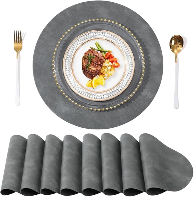 UnivoColors PU Leather Placemats Set of 8,15 Inches Round Washed Cowhide Pattern Table Mats for Dining Table, Kitchen, Party Decoration(Retro Grey)