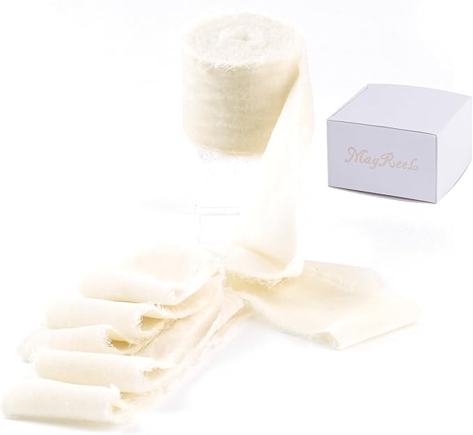 MAYREEL Ivory Velvet Ribbon 2 Inch Hand Torn Light Cream Silk Frayed Edge Ribbon for Bridal Bouquets Invitations Wedding Vow Books Gift Baskets Hair Bows 3 Yards