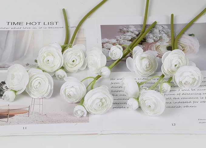 IPOPU Ranunculus Artificial Flowers 2 Bouquets Small White Flowers 12PCS Faux Ranunculus Flowers White for Vase Filler Bouquet Wedding Decor Bridal Shower Floral Filler Flowers Centerpieces (White)