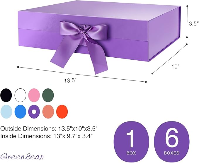 GREEN BEAN Purple Magnetic Gift Boxes with Ribbon, 6 Pack, 13x9.7x3.4 Inches, Luxury Gift Boxes for Presents, Bridesmaid Proposal Boxes, Birthdays, Weddings, Baby Showers