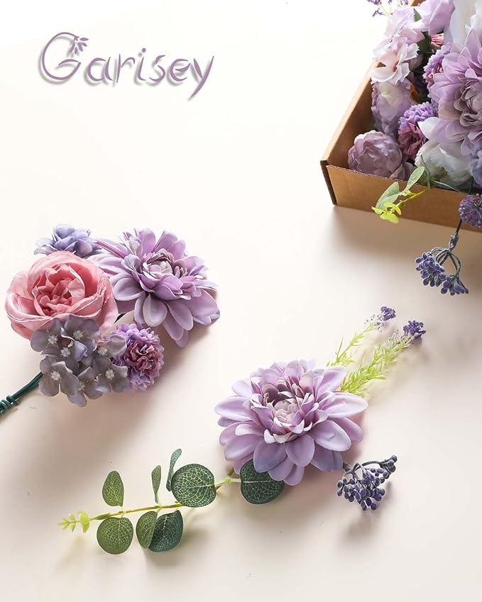 Artificial Flowers Combo Box Set Purple Fake Silk Flower for DIY Wedding Bouquet Arrangements Bridal Shower Party Home Decorations(White Purple Peony)