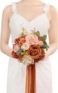 TINGE TIME Artificial 9 Inch Bridal Bouquet, Terracotta Flower Bouquet with Roses for Bride, Bridal Tossing Bouquet for Fall Wedding Ceremony Anniversary Bridal Showers Wedding Church Decoration