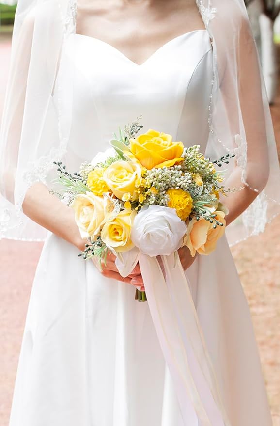 Yellow & White Wedding Bouquets for Bride Bridesmaids, Bridal Bouquet for Wedding Silk Artificial Flowers